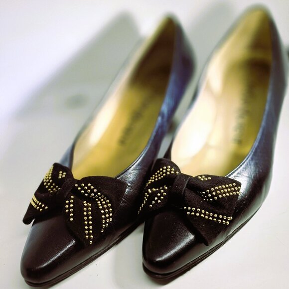 Yves Saint Laurent Black Leather Studded Bow Kitten Heel Pumps Size 6 - Picture 4 of 12